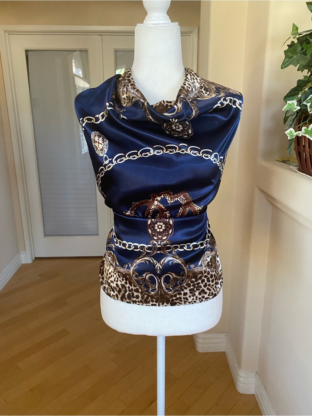 Navy Chain & Leopard Print Scarf Wrap Top